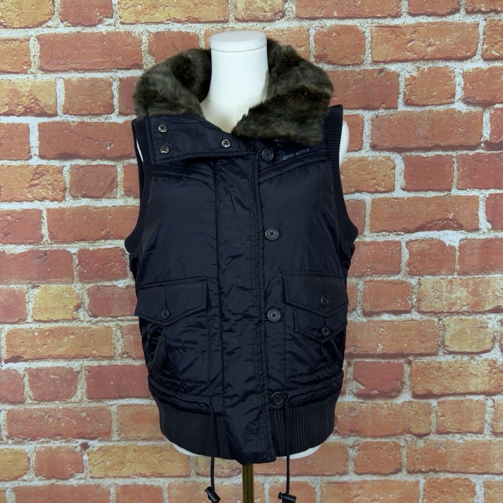 DKNY Active Sport Vest Black Faux Fur Collar Quilted Lining Women's Large